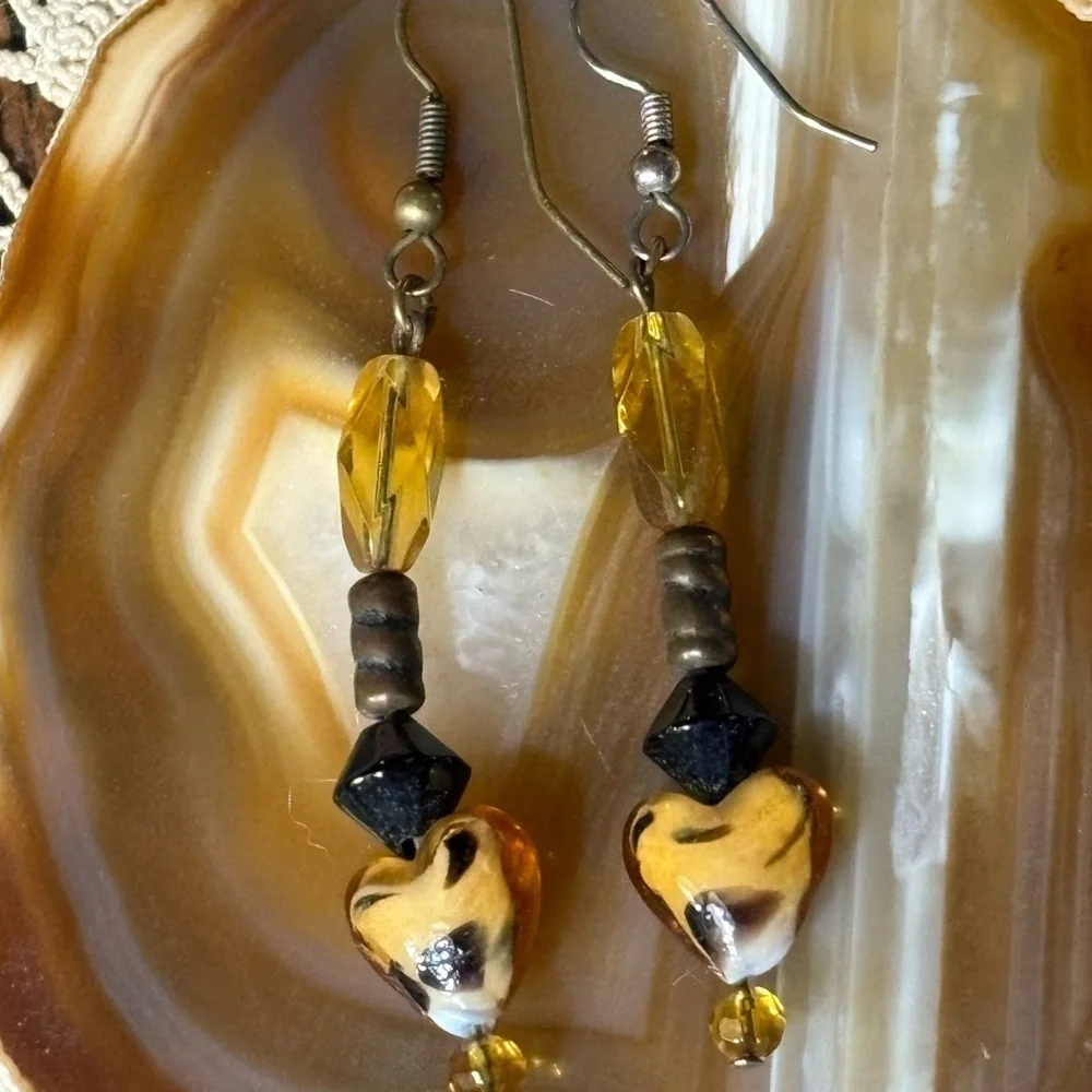 Heart-Shaped Beaded Amber and Black Handmade Earrings